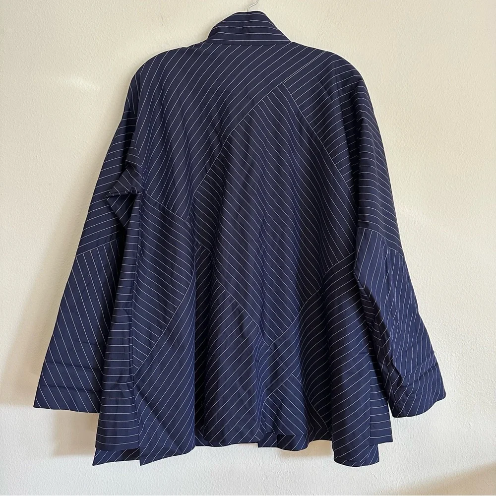 Eskandar Double Stand Collar Botton Shirt Navy Stripe Patchwork Cotton Luxury - Picture 5 of 13